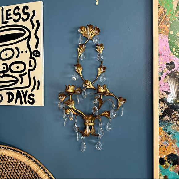 French Empire Style Gilt Metal 2 Candle Wall Sconce with Crystal Teardrops - Picture 7 of 11